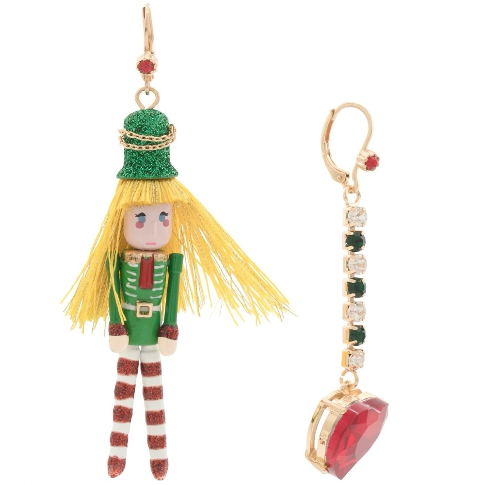 Betsey Johnson Mismatched Holiday Nutcracker Red Heart Drop Earrings NWT
